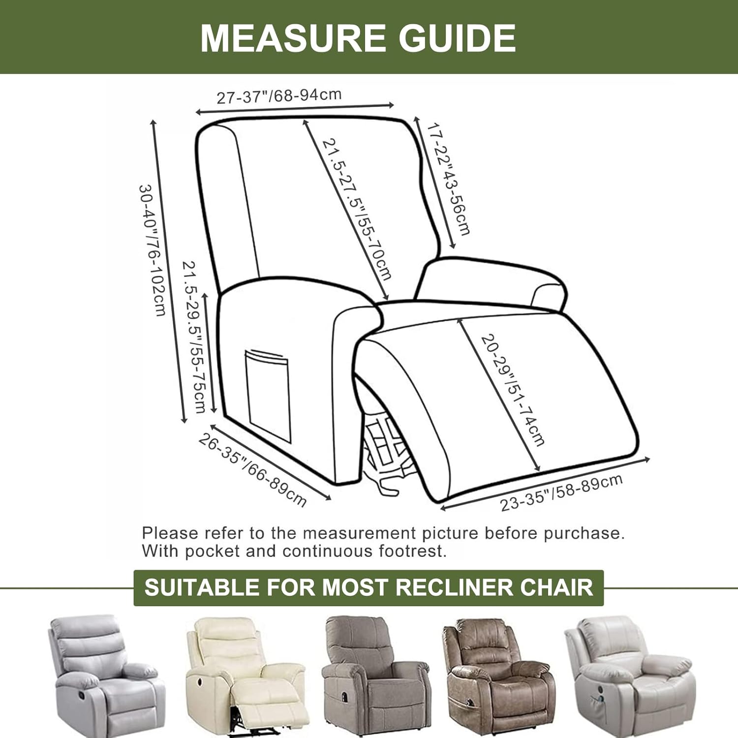 HAOYONG Recliner Chair Covers Stretch Recliner Slipcovers Washable Lazyboy Recliner Cover 4 Pieces Covers Sofa Slipcovers with Storage Pockets Furniture Protector for Living Room