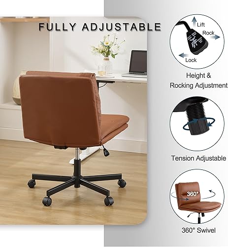 Miniatura 5 de Okeysen Silla cruzada con ruedas, asiento ancho sin brazos, patas cruzadas, cómoda silla de escritorio de oficina, silla de escritorio de piel