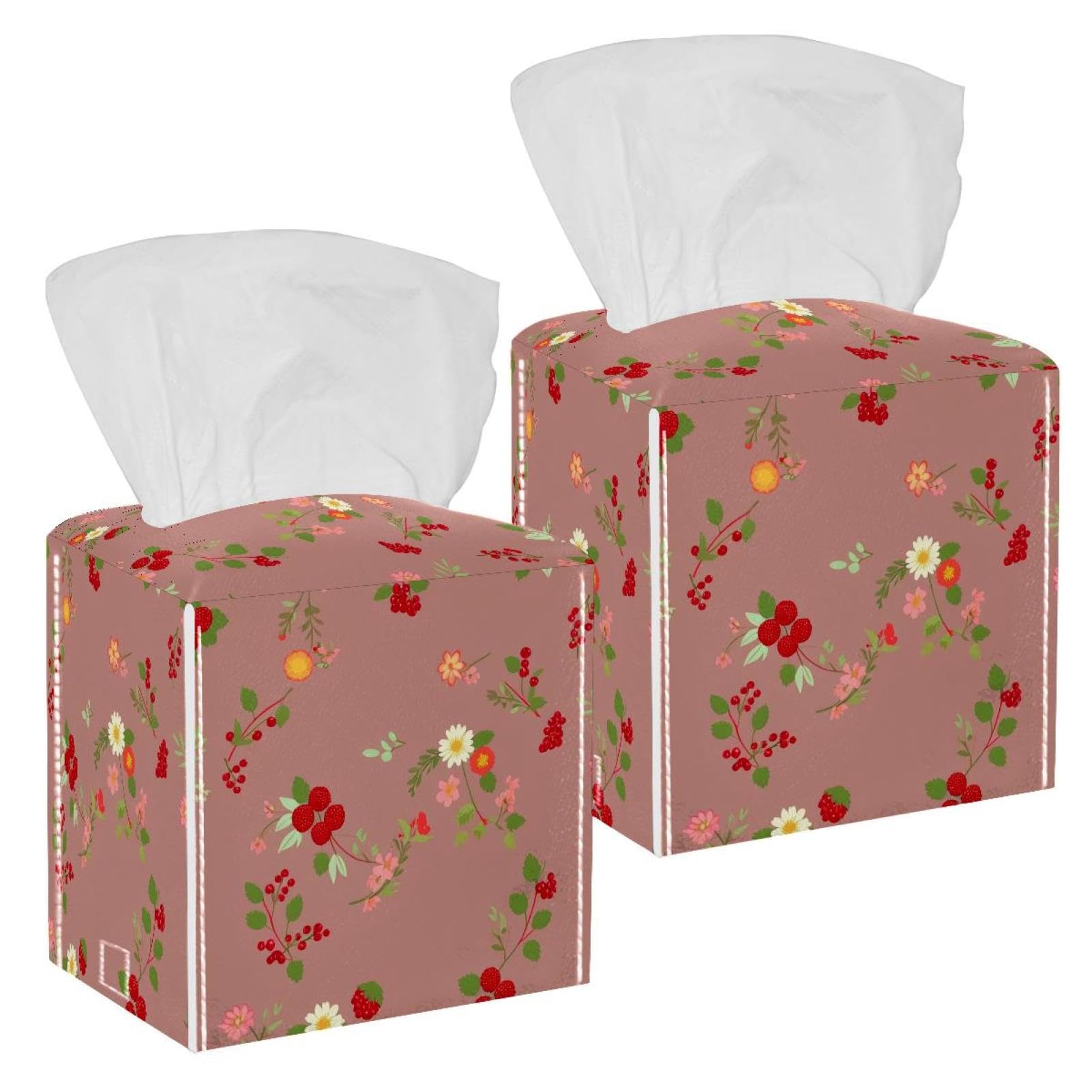 Aesthetic Flower Tissue Box Cover, 2 Pack PU Leather Square Facial Tissue Dispenser Box holder for Home Office Car