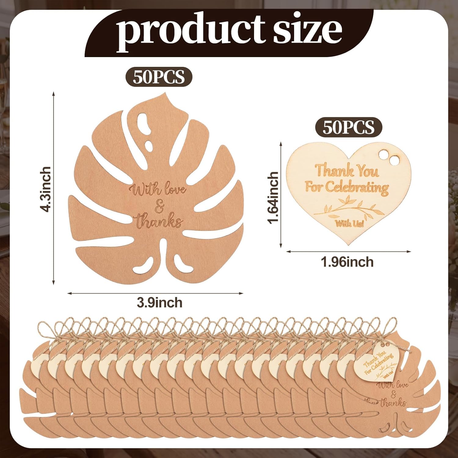 LemonRoad 50 Pcs Wedding Favors for Guests Rustic Engraved Wood Coasters in Bulk Cork Coasters Bulk Thank You for Celebrating with Us Party Favors for Wedding Bridal Shower(Monstera)