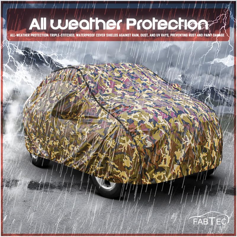 Image of FABTEC Car Body Cover for Maruti Celerio Jungle Print with Soft Cotton Lining Waterproof Car Cover UV & Rain Protection with Mirror Pocket Bottom Elastic (Military /Camouflage Pattern)