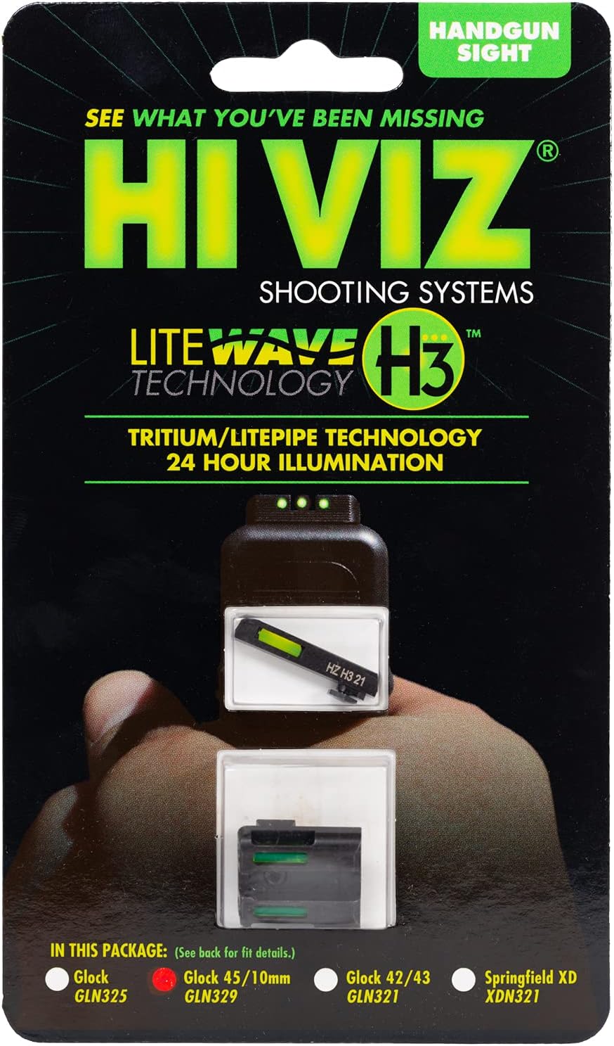 HIVIZ GLN329 HIVIZ Sight Systems, Litewave H3 Tritium/Litepipe, Glock 45 ACP/10mm Sight Set , Black