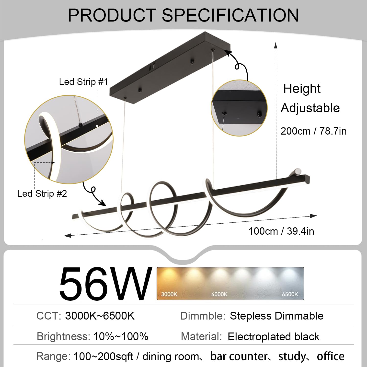 Lampada moderna a isola da cucina, 3000 K-6500 K, lampada a sospensione nera con striscia luminosa in silicone morbido da 150 cm, fai da te
