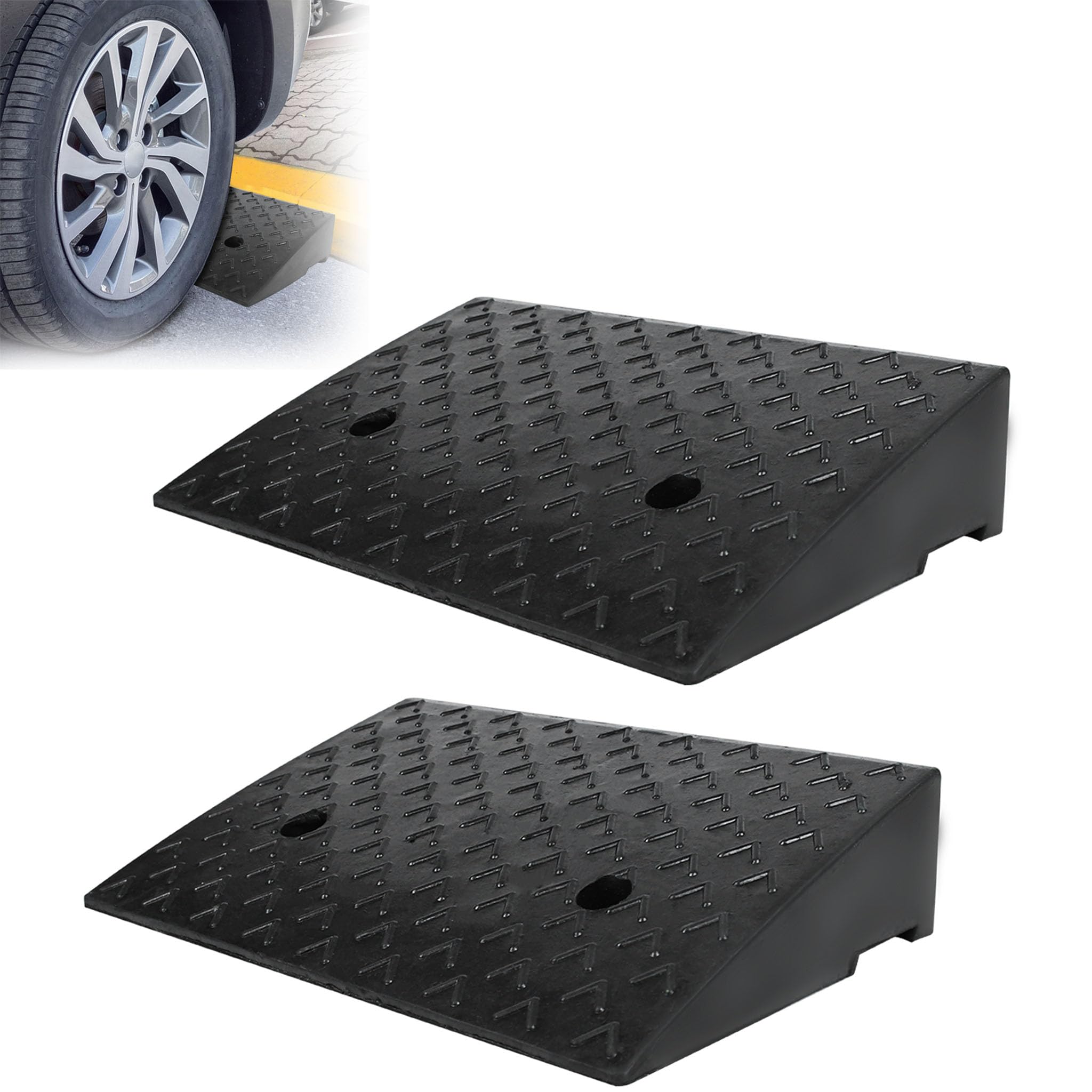 2er Set Gummi Bordsteinrampe, 10,5cm Höhe, Schwerlast Rampen für Bordsteinkante, Tragbare Dämpfungsrampe für Auto, Motorrad, Rollstuhl & Rollator, Schwarz