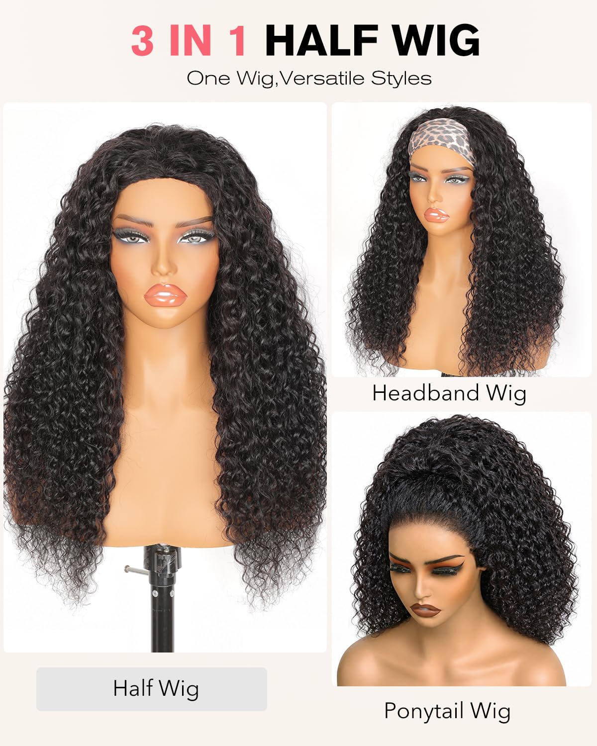 Tunfine Curly Half Wig Human Hair Water Wave Flip Over demi perruque 35cm