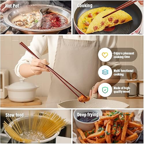 Miniatura 5 de Palillos de madera de 16.5 pulgadas, 2 pares de palillos de cocina largos, color marrón, extra largos, antideslizantes, para fideos, freír, palillos