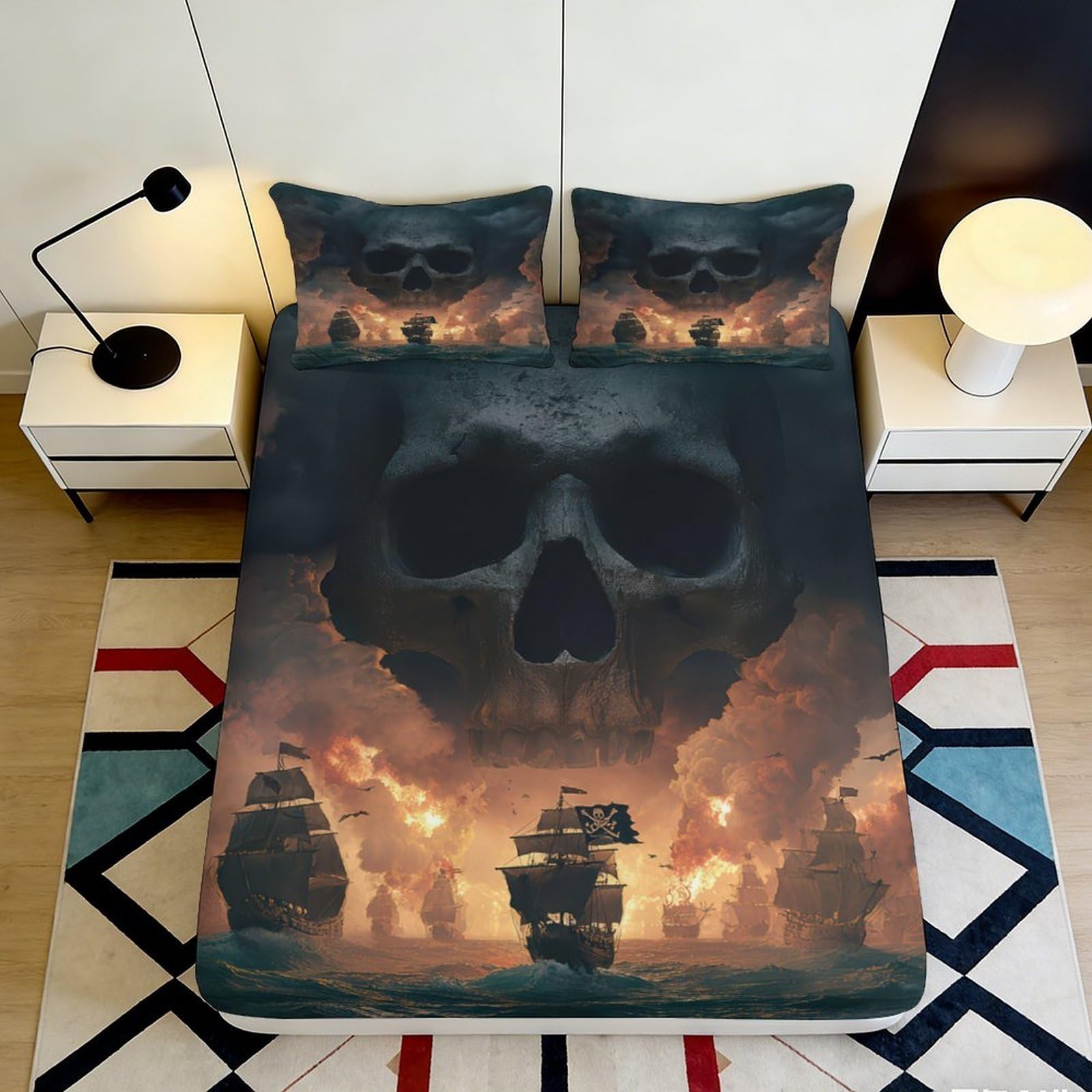3D Printed Pirate Skull Fitted Sheet Microfiber Soft Bedroom Decor Ship Mattress Cover for Home Guest Room 120x200x25cm