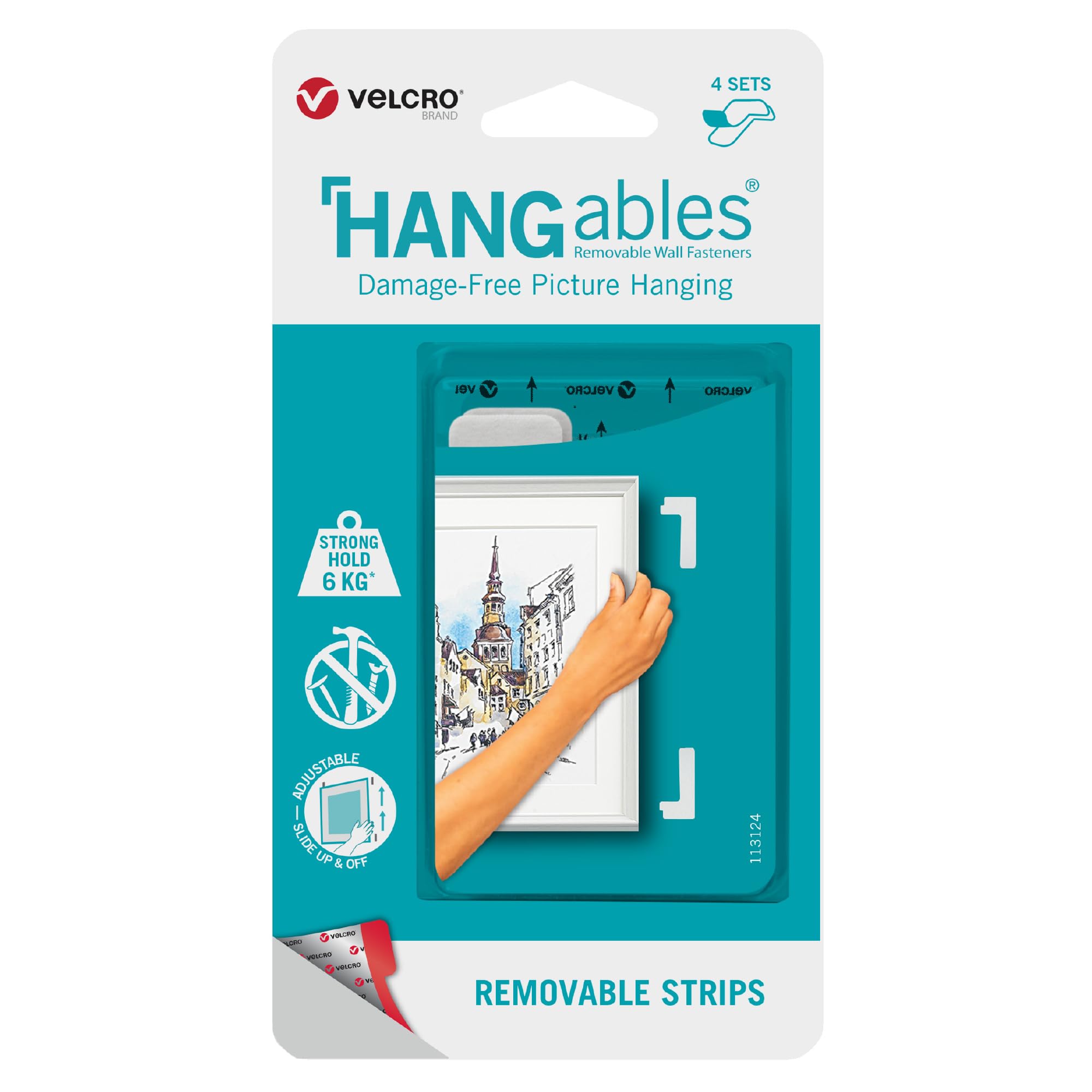 VELCRO Brand | HANGables Removable Picture Hanging Strips | 1 Pack of 4 Sets | Damage Free Picture Hanging for Pictures, Mirrors, Wall Décor | White | 4 Strips Holds up to 6kg/1 Picture