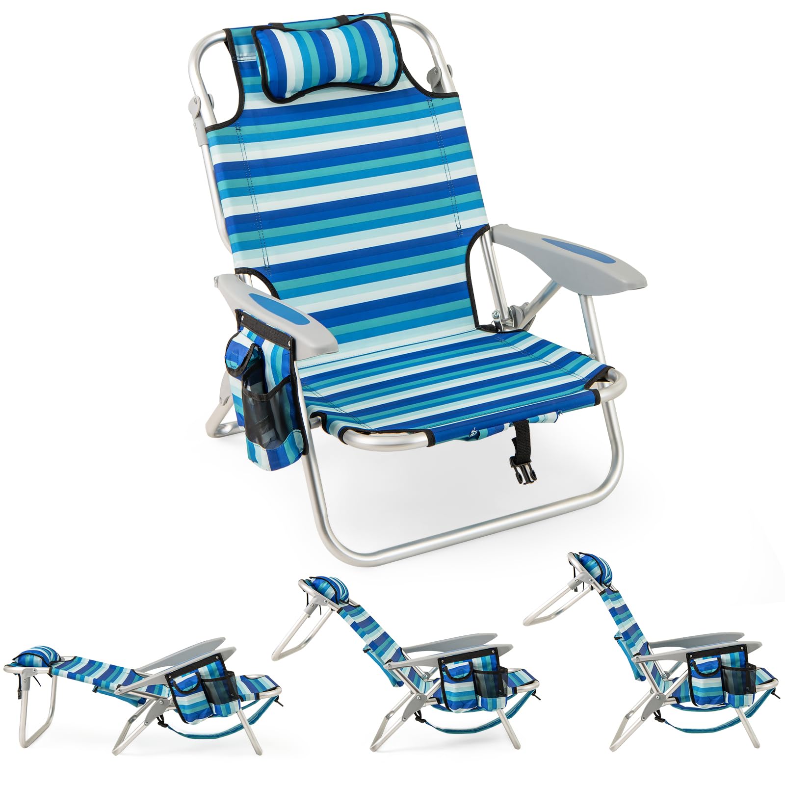 KOMFOTTEU Chaises de Plage Pliables, Dossier réglable en 4 Positions, Fauteil de Plage avec Appui-tête, Chaise de Camping avec Poches latérales & Porte-Serviette, Charge de 150 kg, Bleu (1)