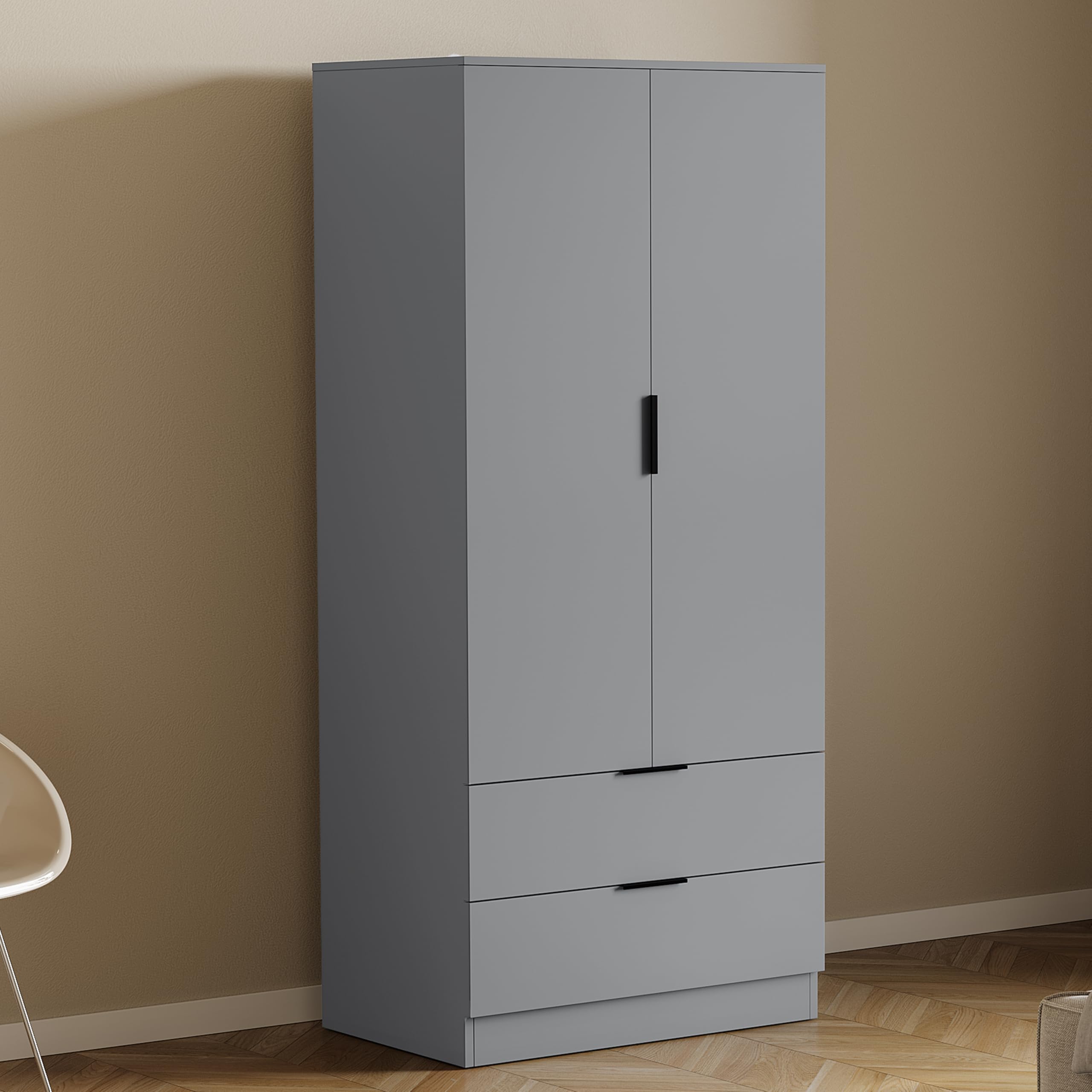 Vida Designs Trega 2 Door 2 Drawer Wardrobe Grey - Space-Saving Bedroom Storage Unit - 170H x 76W x 53D cm - Engineered Wood - Hanging Rail, Shelves, Glide Drawers - Ideal for Bedroom & Living Space