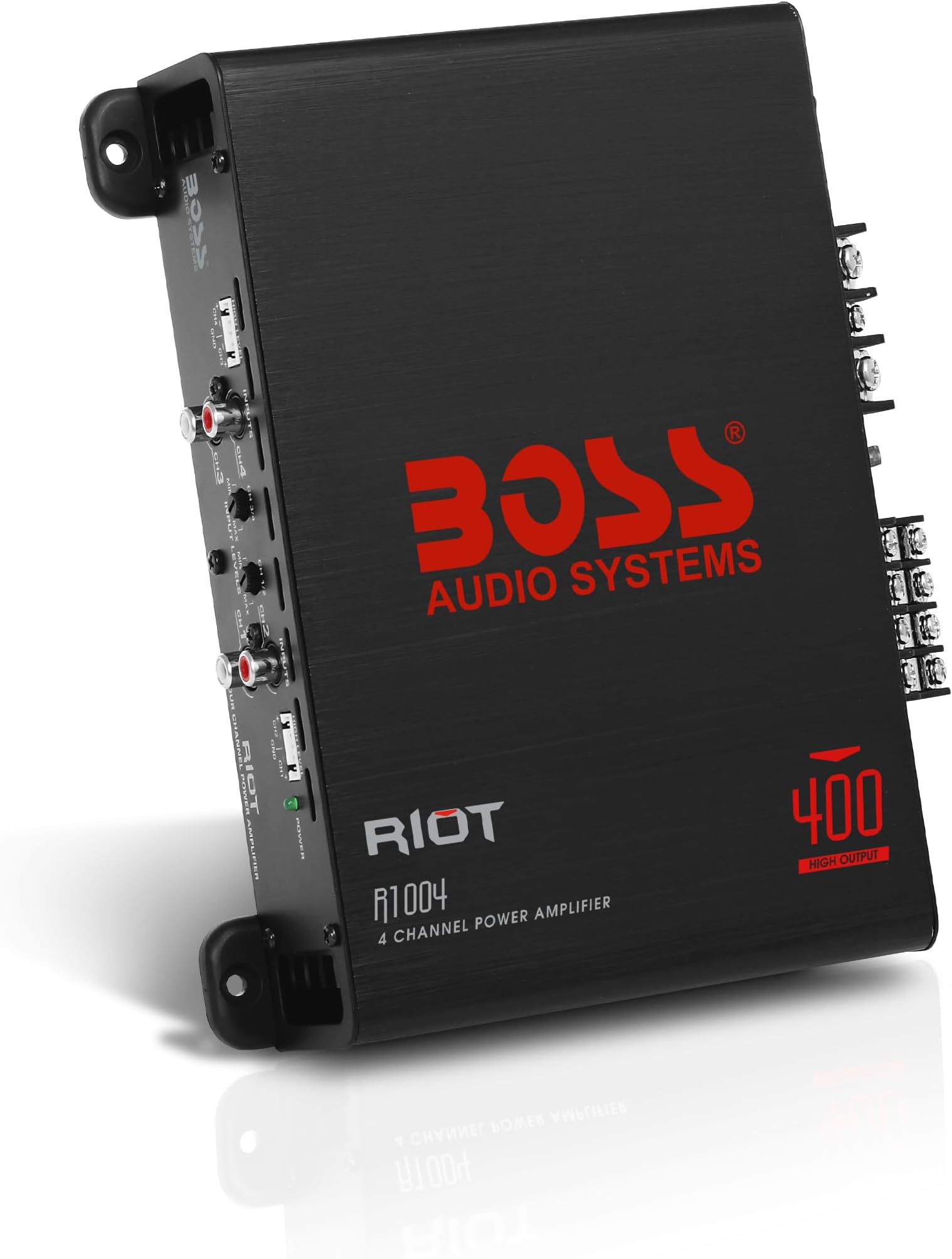 R1004 Riot Series 4 Channel Amplifier Car Audio - Class A/B, 400 High Output, 2-8 Ohm Stable, High/Low Level Inputs, Full Range