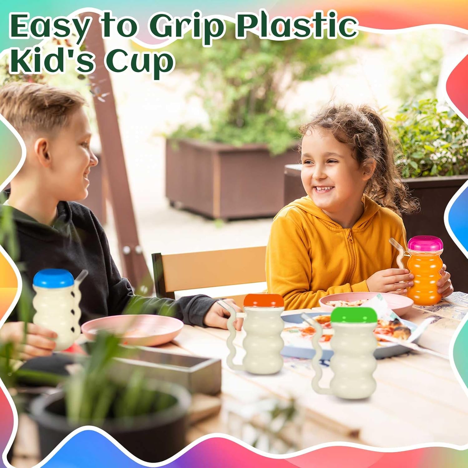 FoldTier 12 Pcs Sip a Mug 14 oz Easy to Grip Plastic Kid's Cup Where the Handle Is the Straw Clear Sippy Cups Spill Proof Mug for Everyday Use for Kids Elderly Disabled and Handicapped, 3 Colors Lid