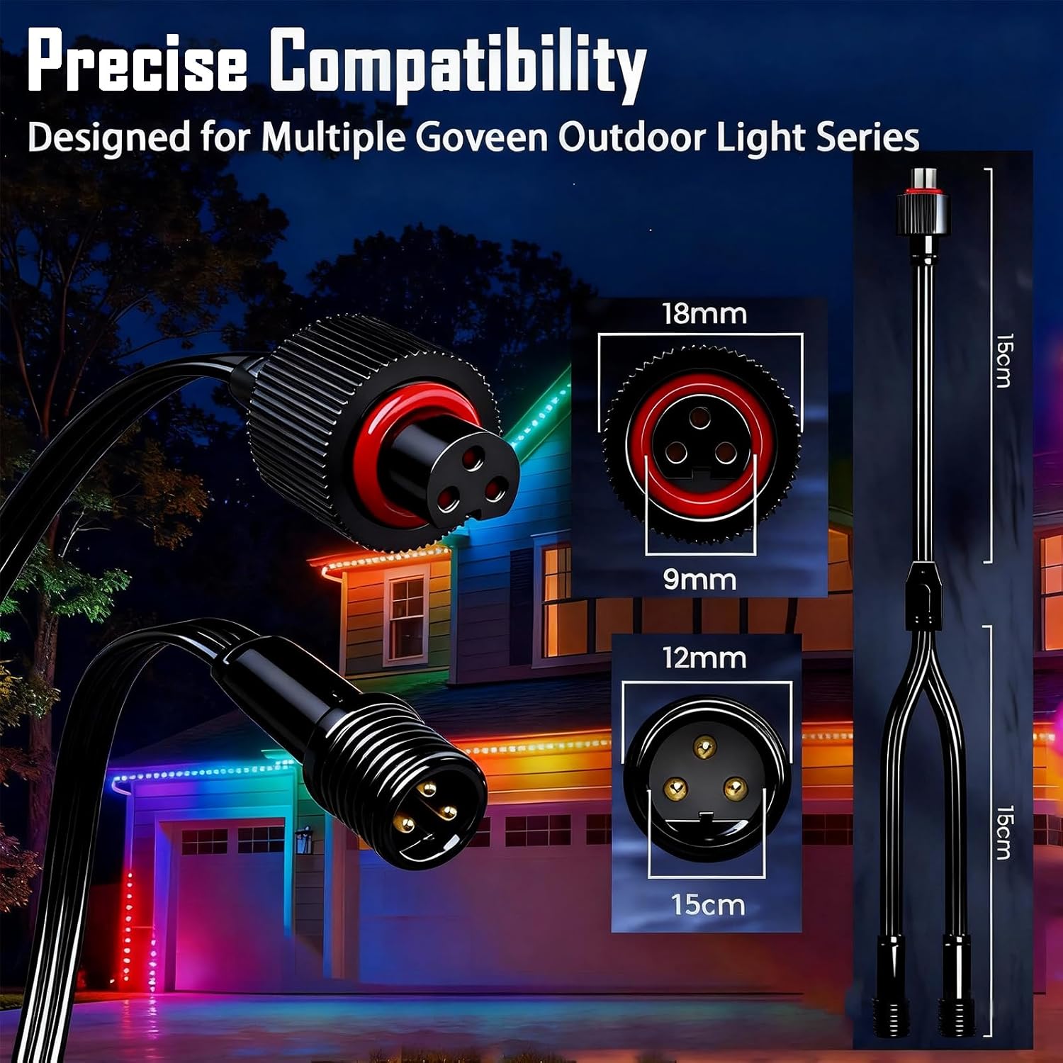 Y-Splitter for Govee Permanent Outdoor Lights, Y-Shaped Extension Cable Compatible with Govee H705A H705B H705C, H706A H706B H706C, 3-Pin Power Cord (1 Female to 2 Male) - Image 3