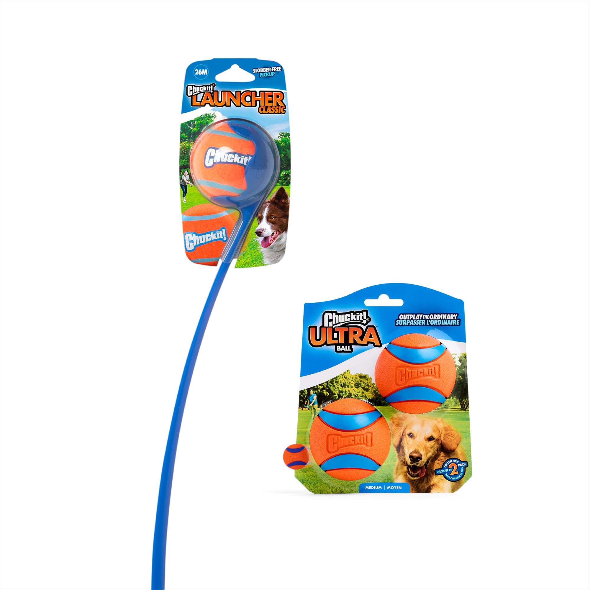 Chuckit! Ultra Ball & Launcher – Classic 66 cm avec 2 balles rebondissantes Moyennes (6,3 cm) pour Chiens de 9 à 27,2 kg, Accessoire Jouet Extérieur Jeux pour Chien, Lanceur de Balles
