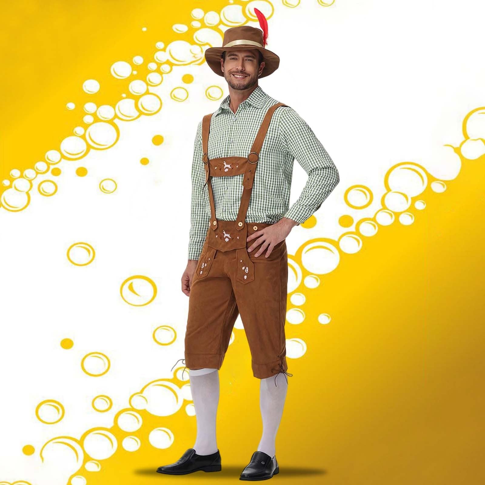 Lederhose Herren Kurz Braun,Lederhosen Mit TräGern Trachtenhose Mit Stickerei Elegant Und Bequem Trachtenhosen Hemd Oktoberfest Lederhose Outfit