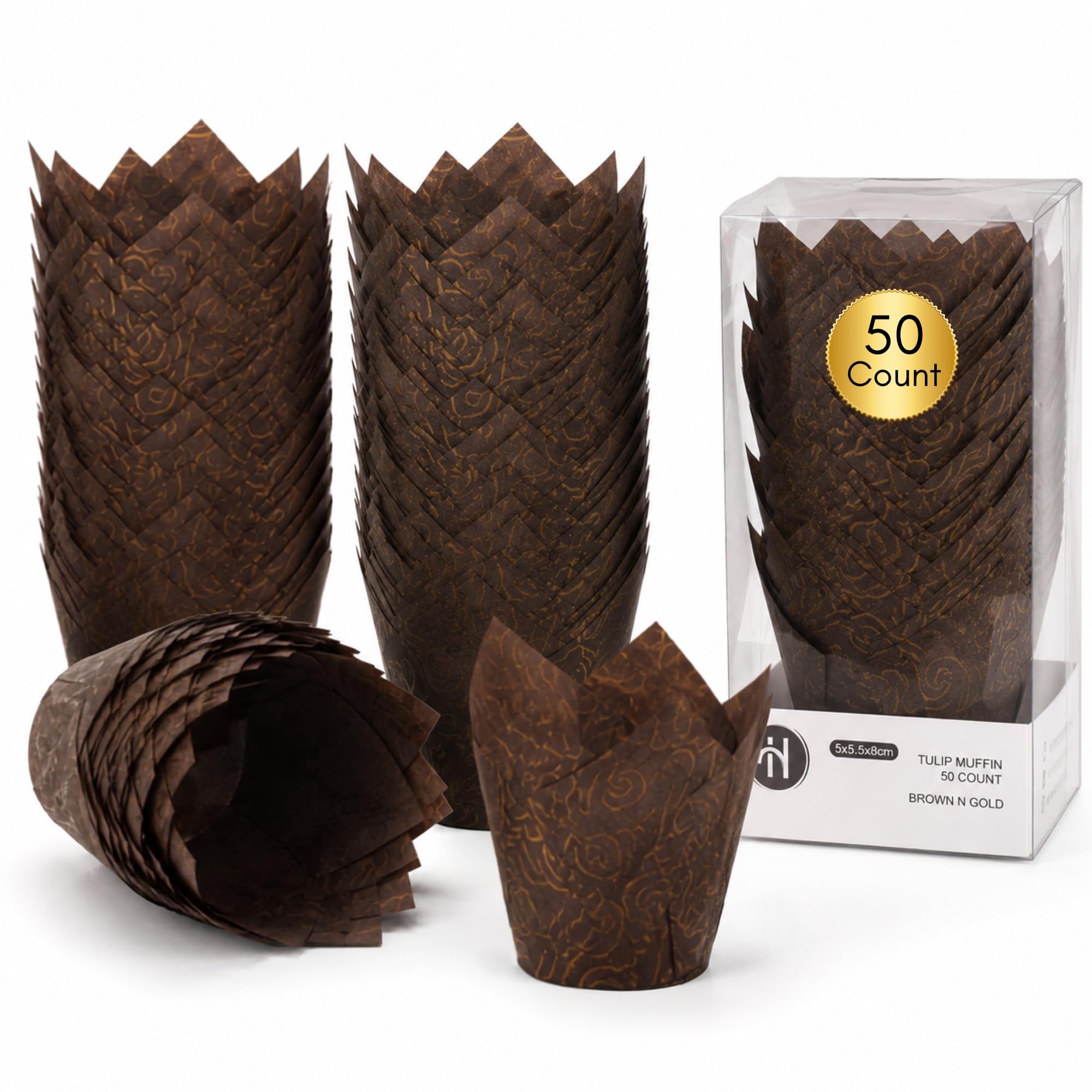 Hakol Tulip Muffin Cases 50pk, Brown & Gold Foil Cupcake Liners 5x5.5x8cm