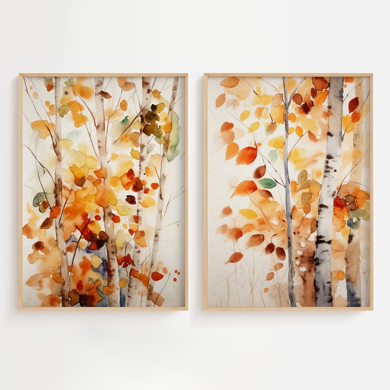 ZBELLO Set of 2 Posters, Modern Autumn Birch Watercolour Prints, Autumn Landscape Aspen Wall Art, Nature Landscape Art Prints for Wall Decoration, for The Living Room or Bedroom, Unframed (40x50cm)