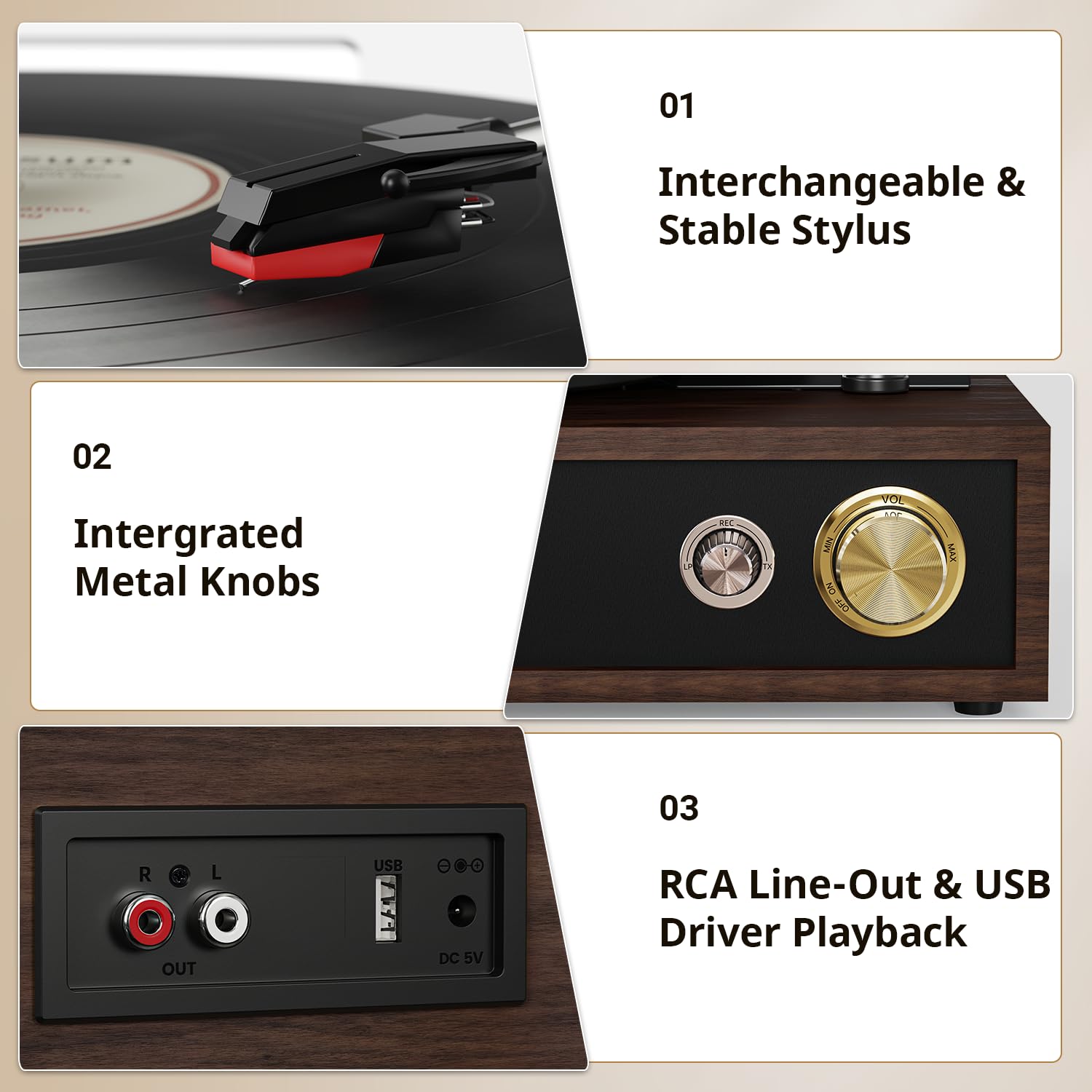FYDEE Plattenspieler, Vinyl Schallplattenspieler mit Bidirektionalem Bluetooth 5.4, USB-Aufnahme Ohne PC & Wiedergabe, Retro Record Player mit 3-Gang & Dual-Lautsprecher, RCA-Ausgang, Rotbraun