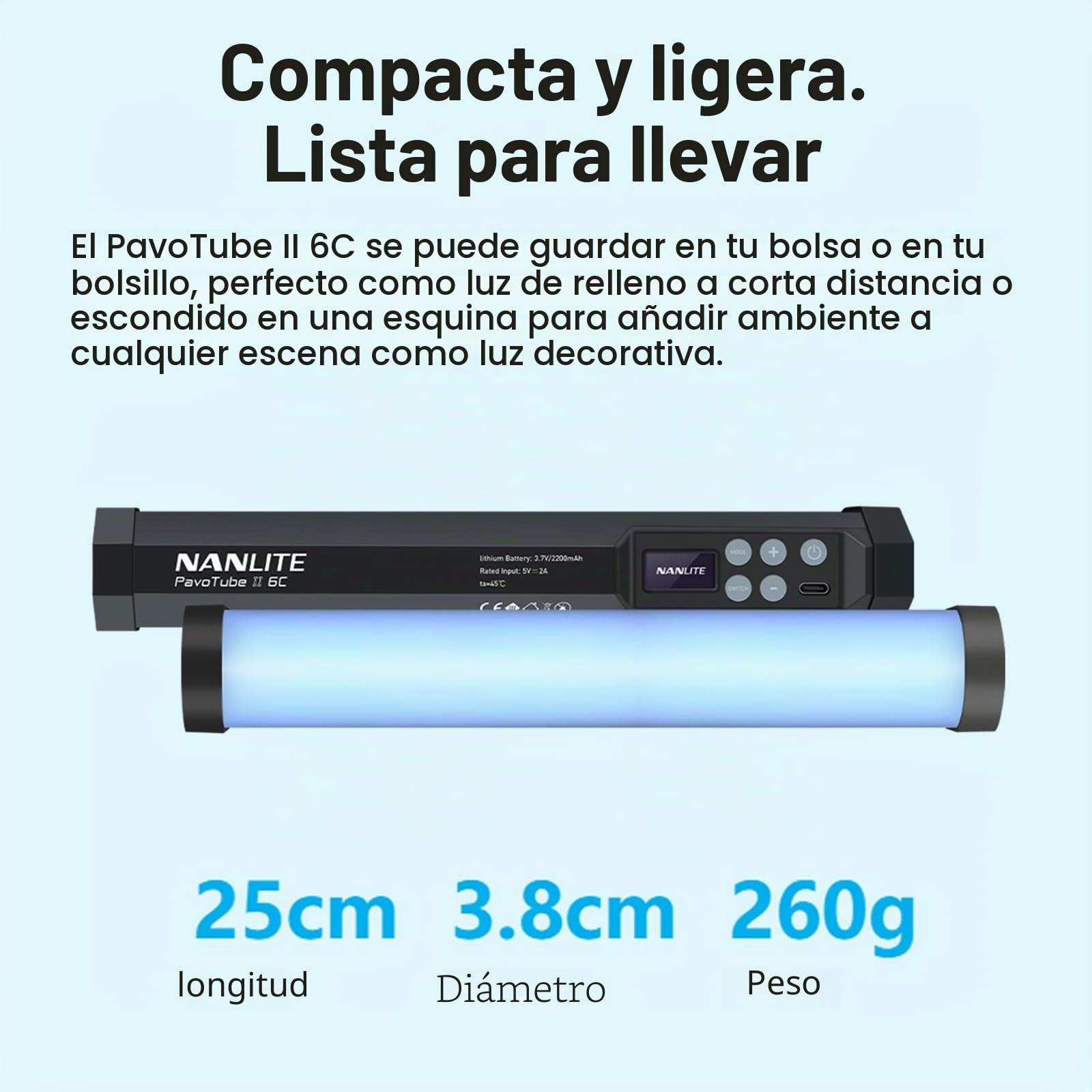 NANLITE PavoTube II 6C - Tubo de luz LED RGB portátil de mano para fotografía