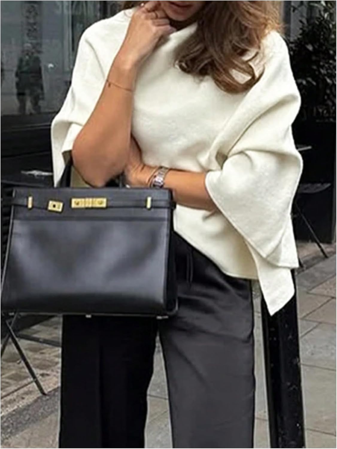 MakeMeChic Women's Poncho Sweater Dolman Sleeve Asymmetrical Shawl Wraps Knit Pullover Tops - Image 5