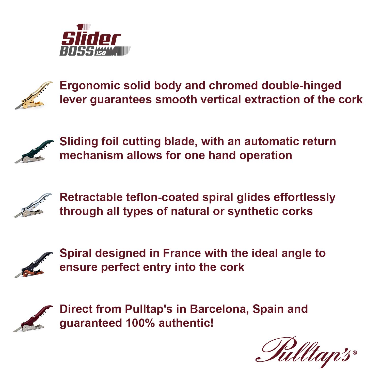 Pulltap's Sacacorchos de vino Slider Boss 150 de doble palanca para camareros (cromo-cobre)