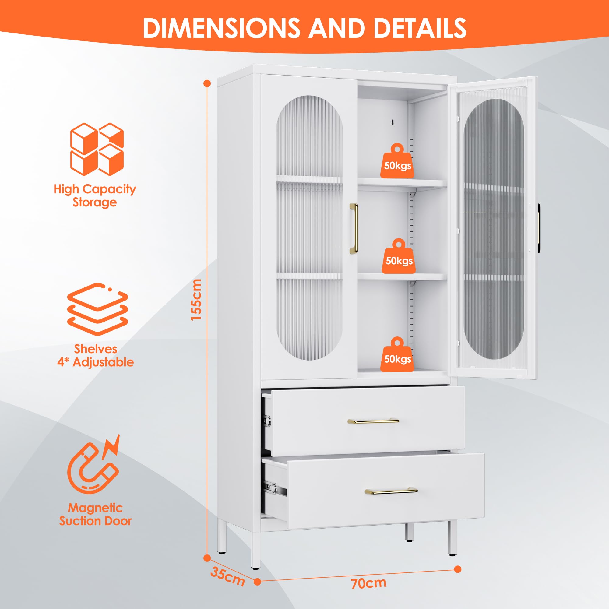 Aobabo Metal Office -Akten Speicherschrank mit 2 Schubladen und 2 einstellbaren Regalen - 155 cm hohe Glasentüren weißer Lagerschrank, 3 -stufige hohe Stahlschränke für Wohnzimmer, Büro, Büro