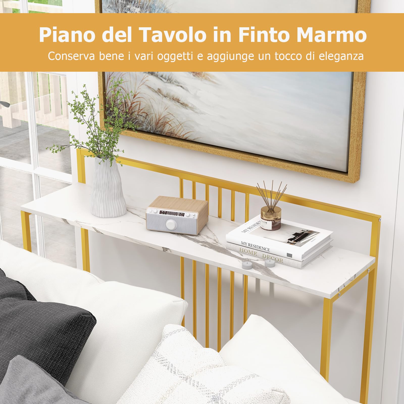 RELAX4LIFE Tavolo Consolle 120x32x89CM, Tavolo da Ingresso con Piano in Finto Marmo, Struttura in Metallo, Kit Antiribaltamento, Tavolino Moderno per Ingresso, Soggiorno, Camera da Letto (MODELLO 2)