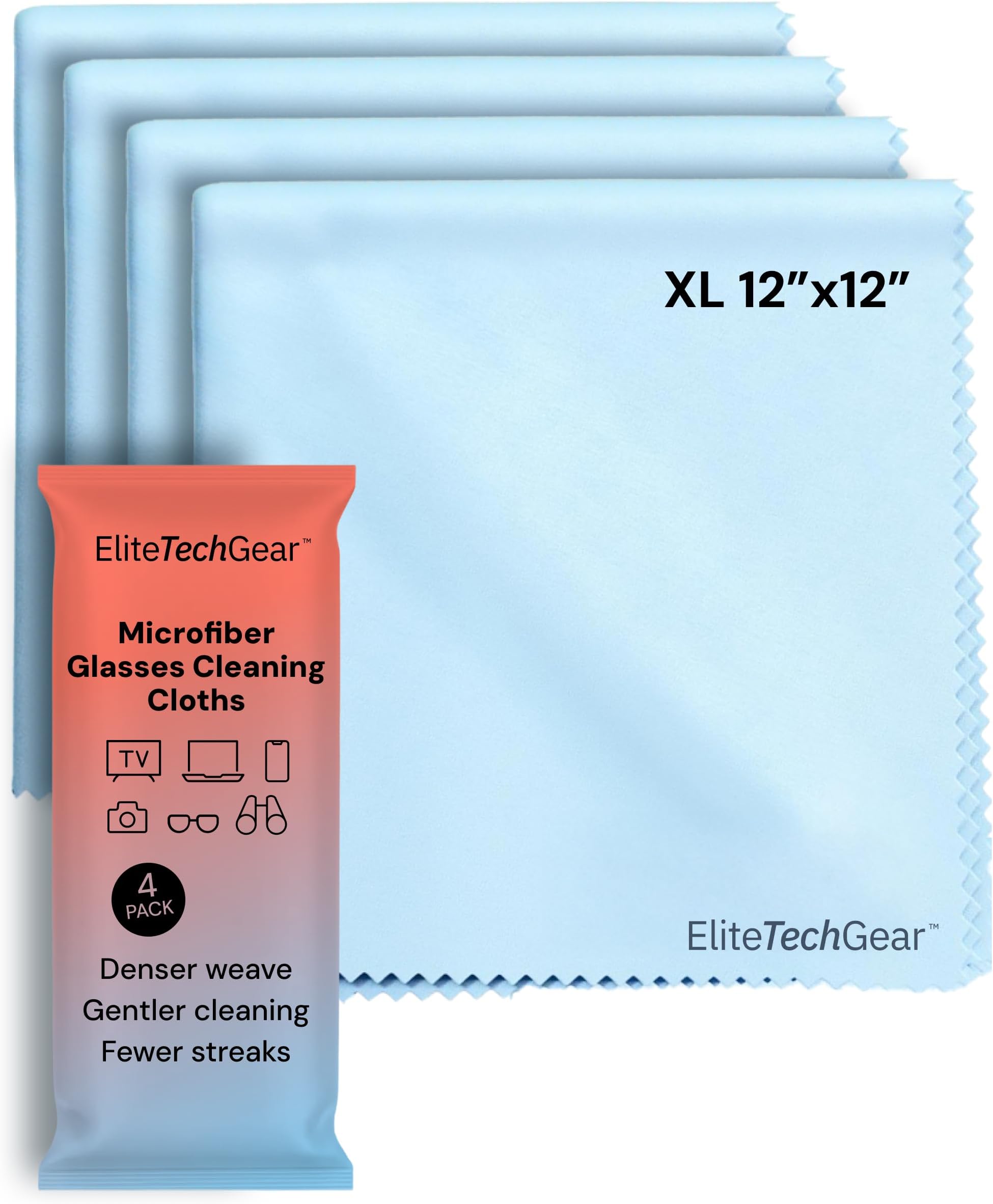 Large Eye Glass Clean Cloths (4-Pack) 12" x 12" - Streak-Free, Oversized Microfiber Cleaning Cloths for Glasses, Camera Lenses, Tablets and TVs (Blue)