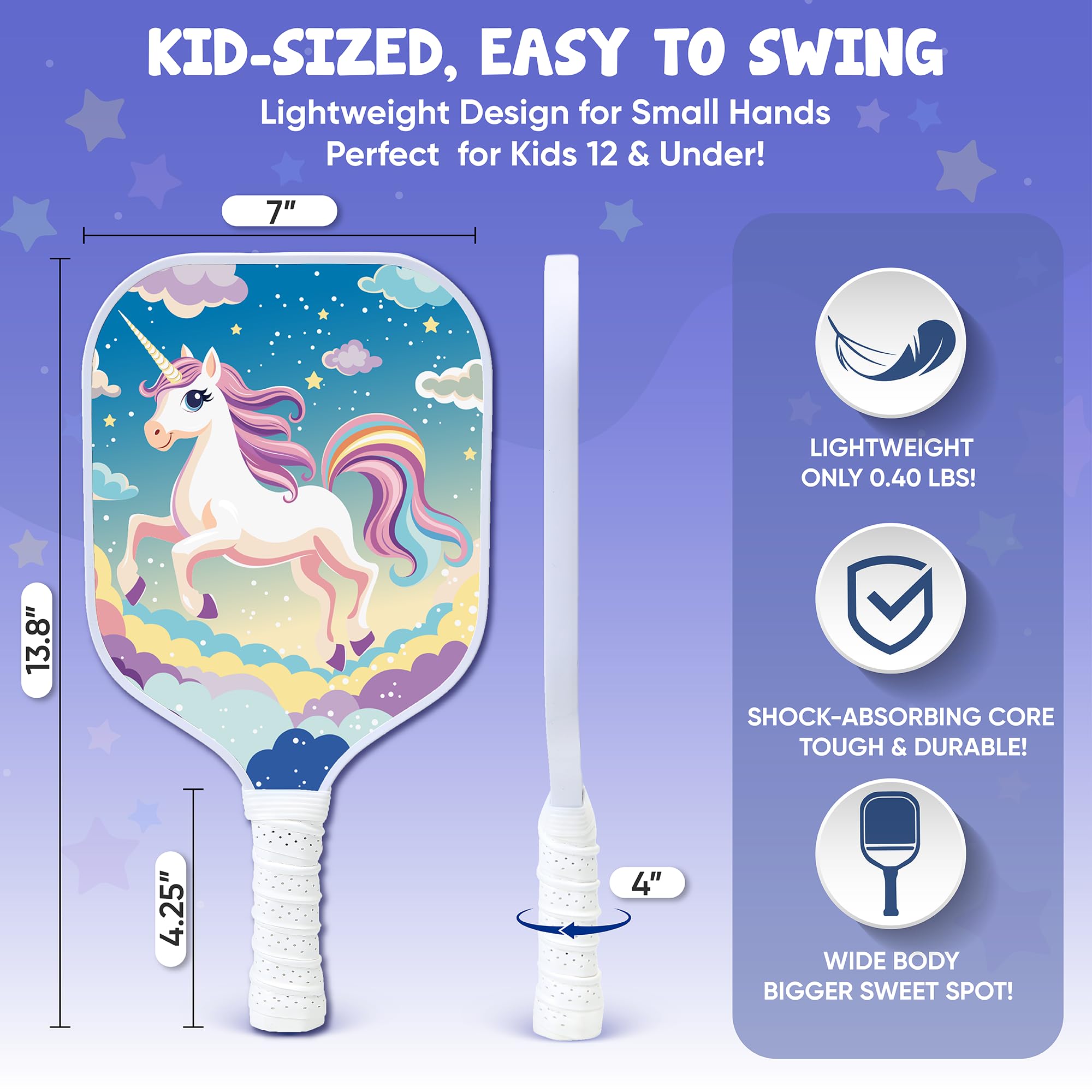 Kids Pickleball Paddle - Magical Unicorn Design | Lightweight Fiberglass Paddle for Children Under 12 (Only 0.37 lbs) | Small Grip for Easy Handling | Junior Youth Paddle for Boys & Girls