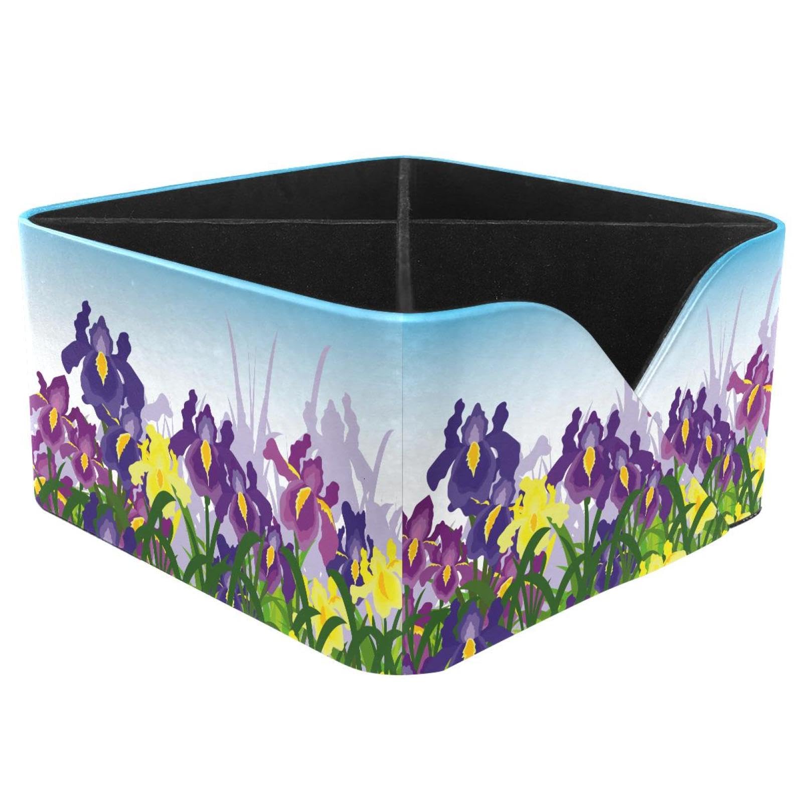 KengjuTesu Iris Flower Desktop Organizer Pen Holder, Rectangular Pencil Cup for Office, Study and Makeup Stations