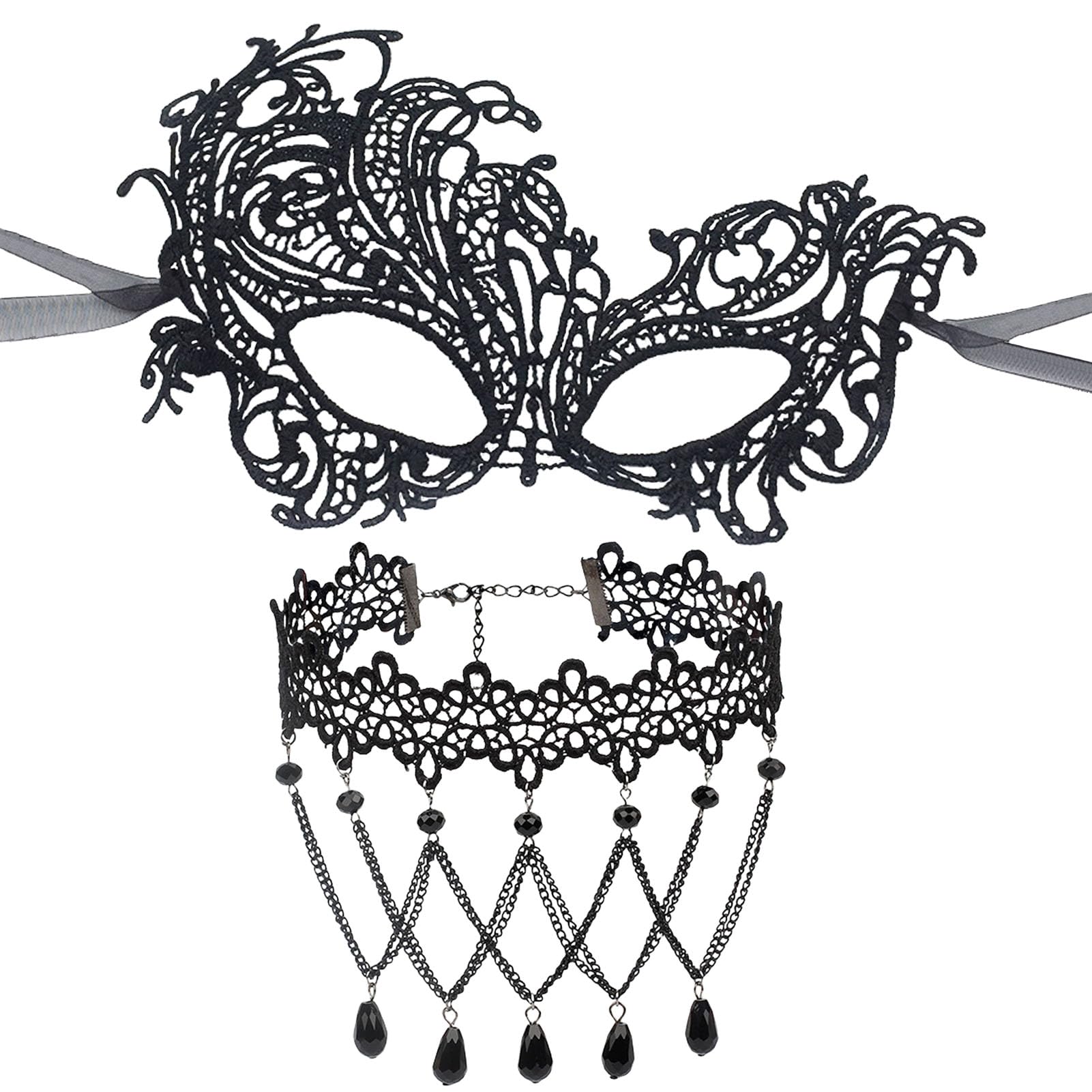 HIYMDOIT Masquerade Mask Set for Women Black Lace Eye Mask and Lace Choker Necklace Costume Accessories for Halloween Christmas Cosplay Party