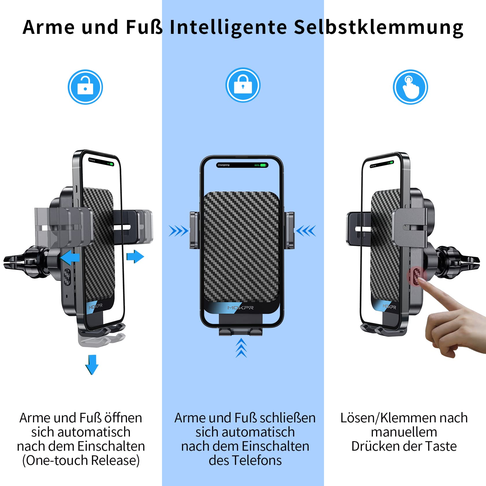 MOKPR 15 W Caricatore Ricarica Wireless Auto, Supporto Cellulare Auto Wireless con Auto-Bloccaggio con Clip per Prese d'aria/Pannello Strumenti per iPhone 16/15/14/13/12, Samsung Huawei Xiaomi