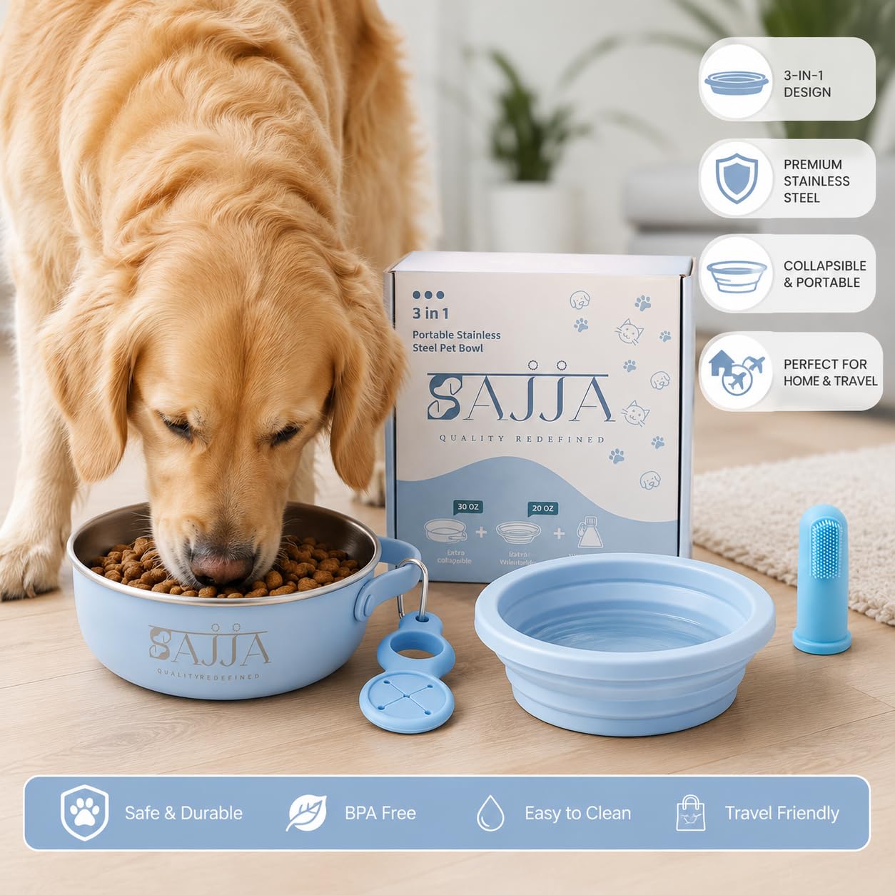 Sajja Ensemble de gamelles 3 en 1 pour animaux de compagnie avec couvercle pliable | Mousqueton et porte-bouteille d'eau | Insert d'alimentation lente | Fond en caoutchouc antidérapant | Sans BPA et
