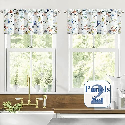 Miniatura 7 de VOGOL Cortinas de cenefa azul para sala de estar, lino texturizado con estampado de pájaros y flores, cortinas de ventana con bolsillo para barra,