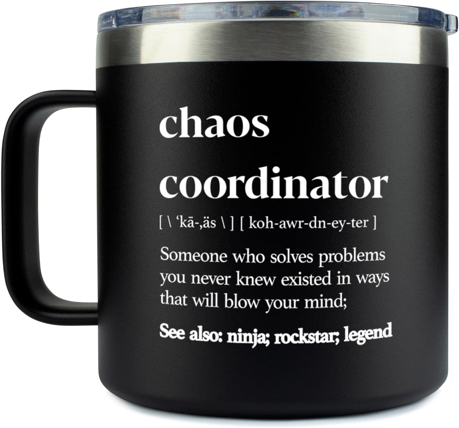 Chaos Coordinator Gifts for Men Tumbler Black 14oz - Thank You, Corporate, Boss Day, Office Gifts for Men Travel Mugs for Coworkers, Stainless Steel Chaos Coordinator Coffee Mug Cup Manager Present