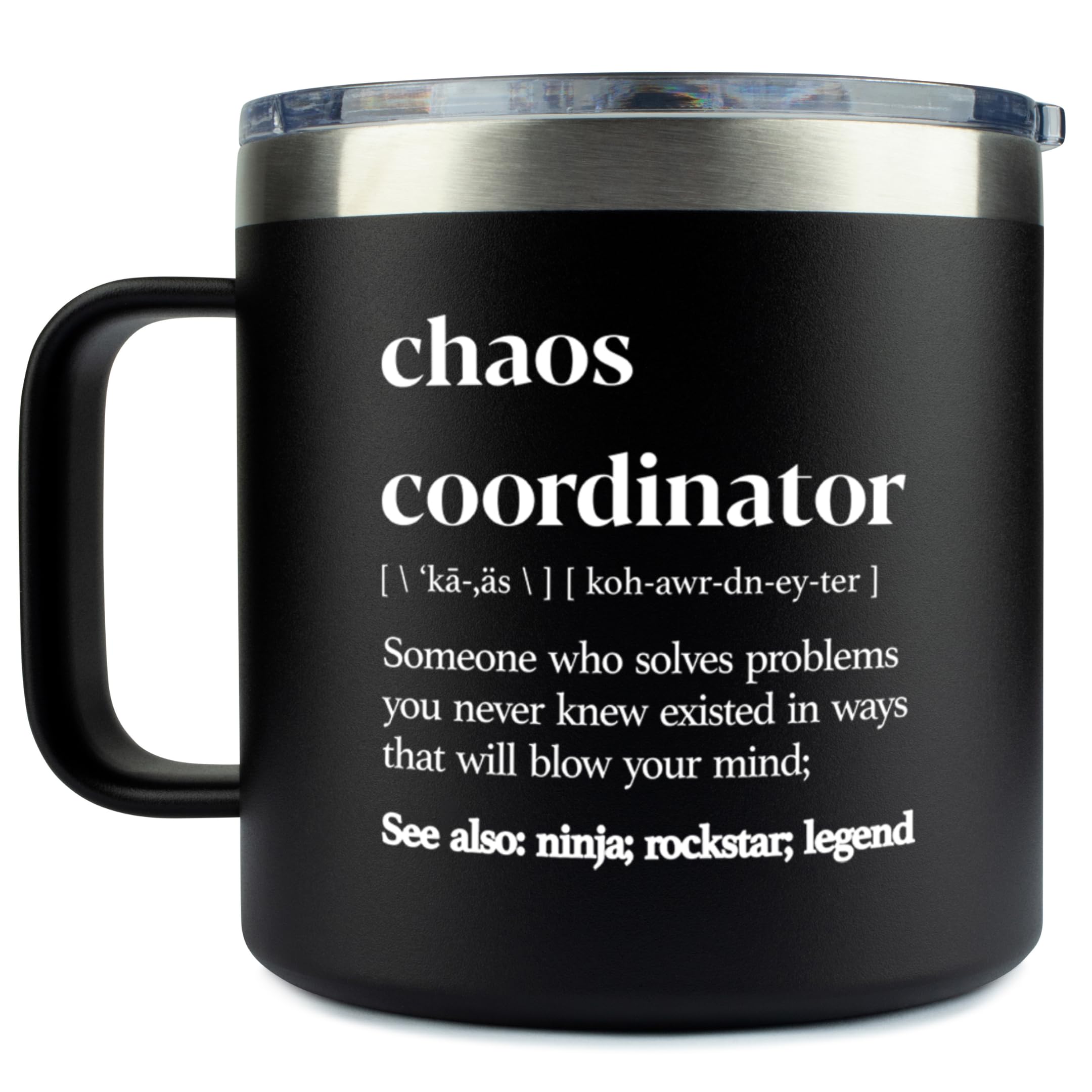 Chaos Coordinator Gifts for Men Tumbler Black 14oz - Thank You, Corporate, Boss Day, Office Gifts for Men Travel Mugs for Coworkers, Stainless Steel Chaos Coordinator Coffee Mug Cup Manager Present