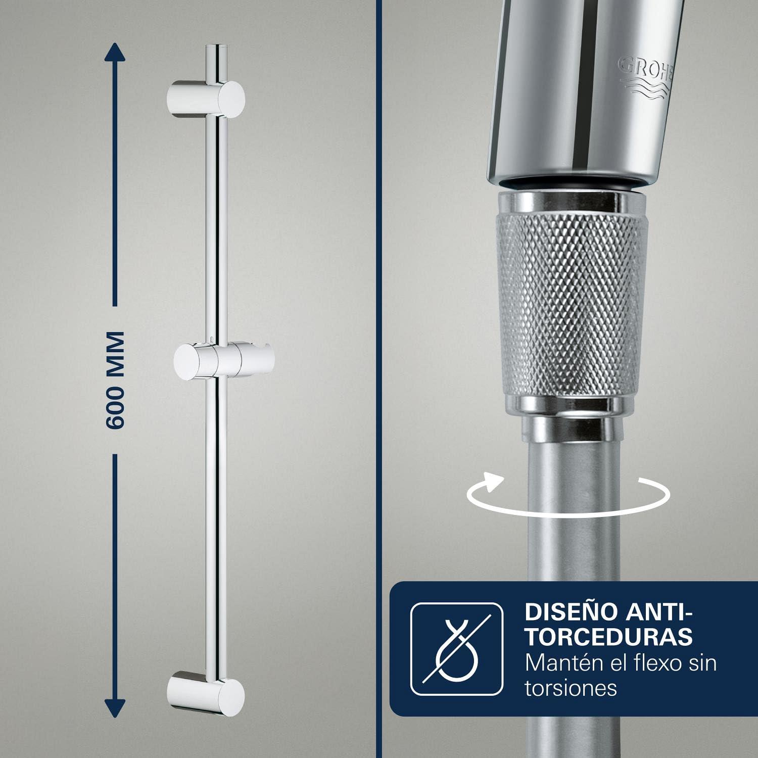 GROHE Vitalio Joy 110- Conjunto de ducha (teleducha 11 cm con 3 chorros, barra ducha 62 cm, soportes de pared metal, flexo 1,75 m, menor consumo agua, instalación QuickGlue), cromo, 27333000