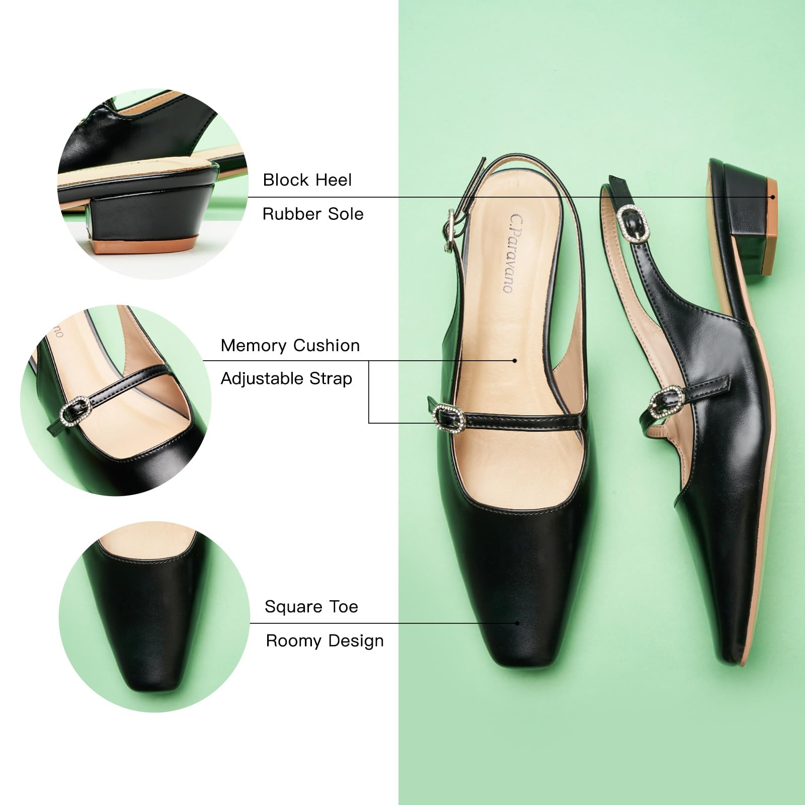 C.Paravano Women's Slingback Sandals Small Square Toe Slingbacks Flats Closed Block Heels Adjustable Strap Slip on Slingbacks(Black,Size 8.5)