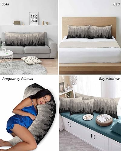 Miniatura 6 de Funda de almohada corporal de árbol del bosque gris, fundas de almohada suaves decorativas para sofá largo lumbar con cierre de sobre, madera de