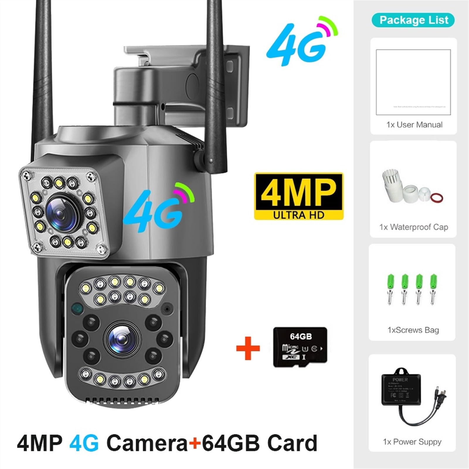 Caméra de sécurité, 4G Carte Sim caméra 4K 8MP Double Objectif extérieur PTZ IP Intelligente Vision Nocturne Protection de sécurité sans Fil CCTV dôme Camara(4MP 4G Cam 64GB)