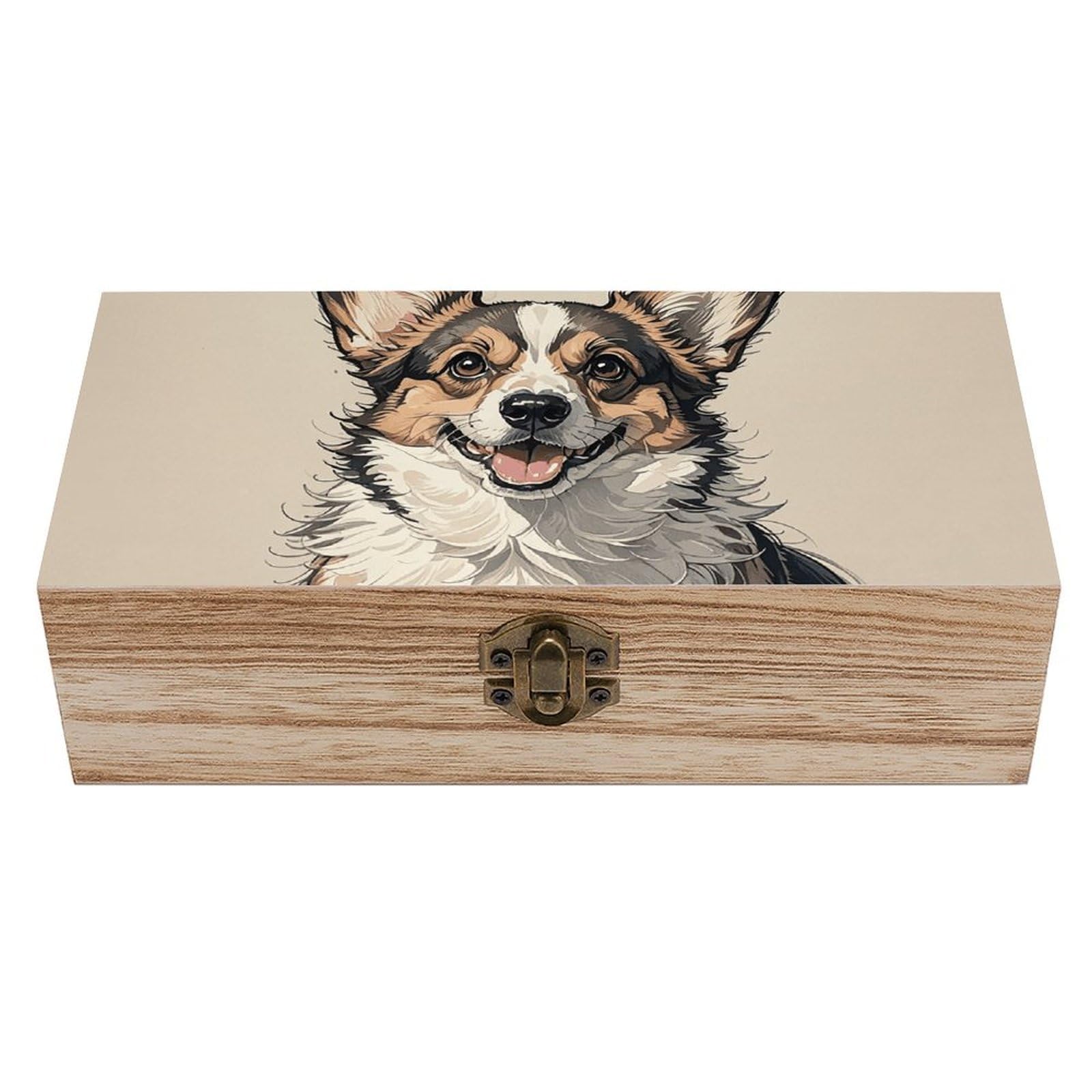 DWVTSLH Hand Drawn Sketch Corgi Wooden Storage Box Locked Wood Gift Box Decorative Keepsake Boxes Storage Bins, Memory Boxes for Pictures, Jewelry Organizer Unique Gift Ideas for Men Women
