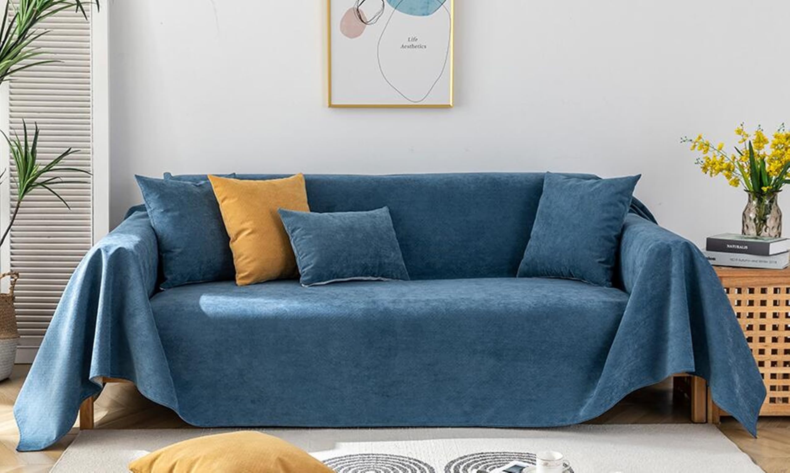 Skcess Outdoor Couch Cover, Dark Blue Polyester Living Room Chair Covers Solid Color 4 Seater(180X360CM)