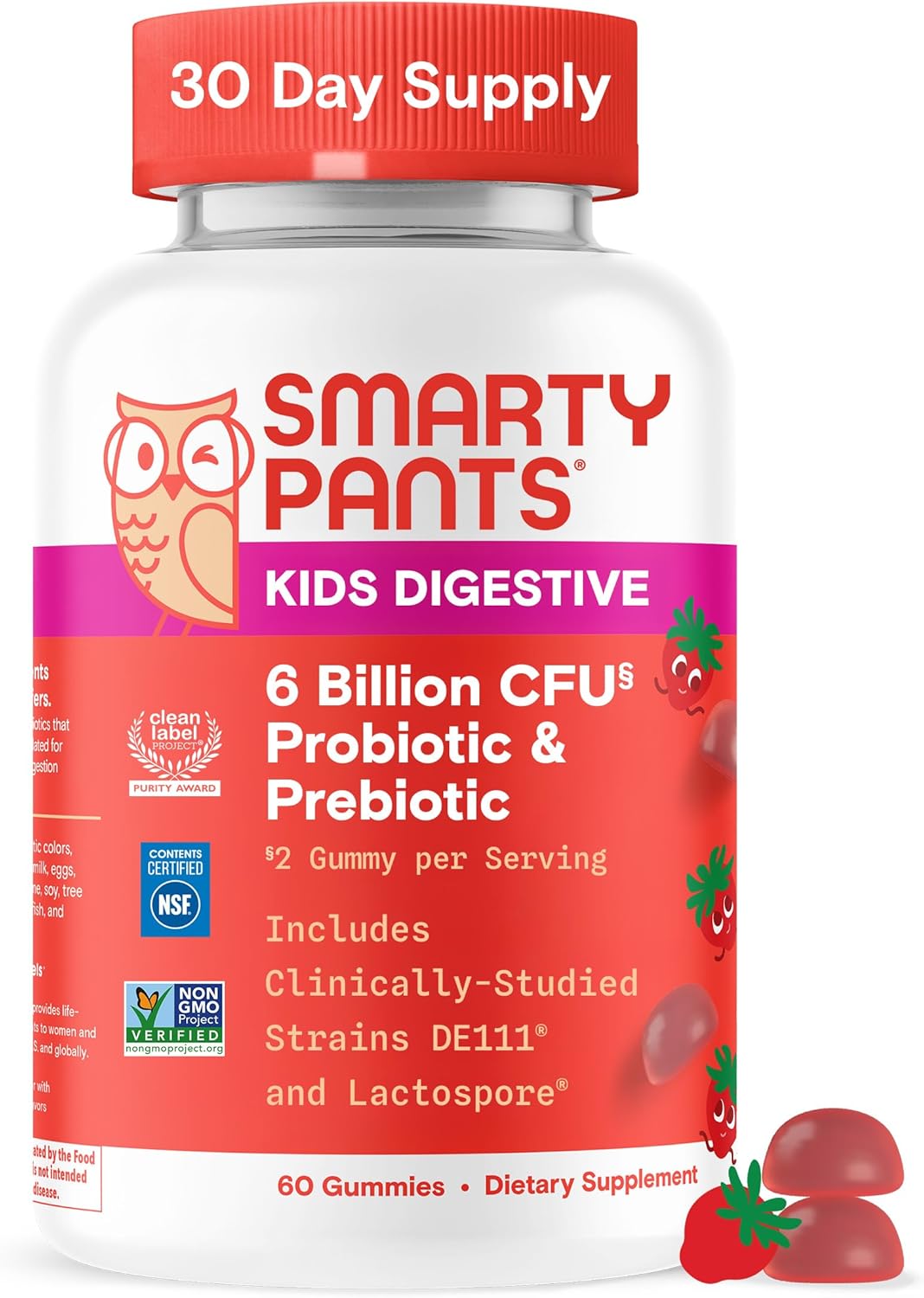 SmartyPants Kids Probiotic & Prebiotic Gummies for Digestive Health: Gut Health Supplement, Clinically Studied Prebiotic for Immune Support, Strawberry, 60 Count (30 Day Supply) Strawberry Probiotic + Prebiotic