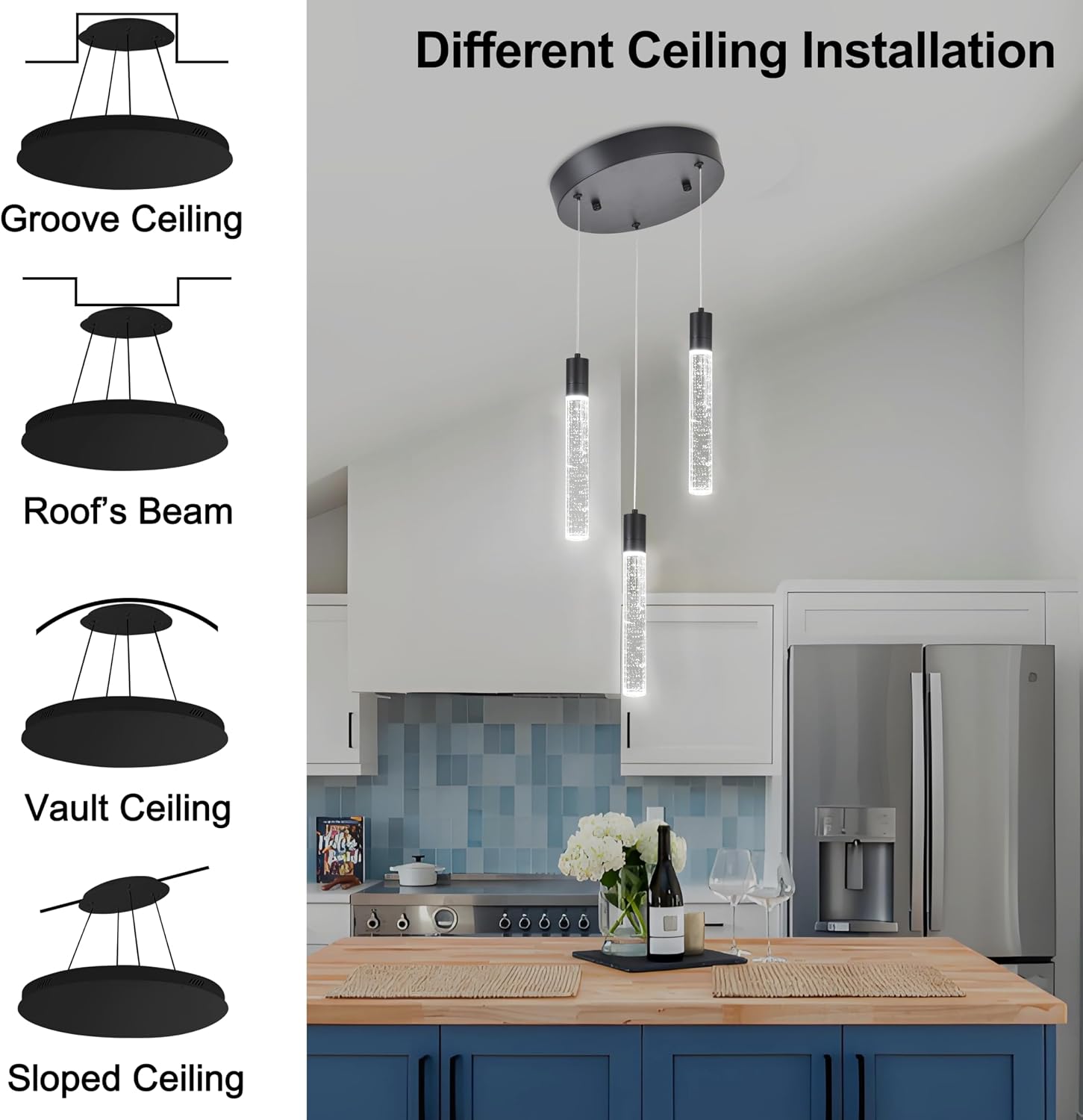 3 Light Pendant Lights Kitchen Island,Modern LED Bubble Crystal Pendants with Dimmable 3000K-6000K Ceiling Hanging Light Fixture for Dining Room Bedroom,Matte Black Finish,Adjustable Height 59"