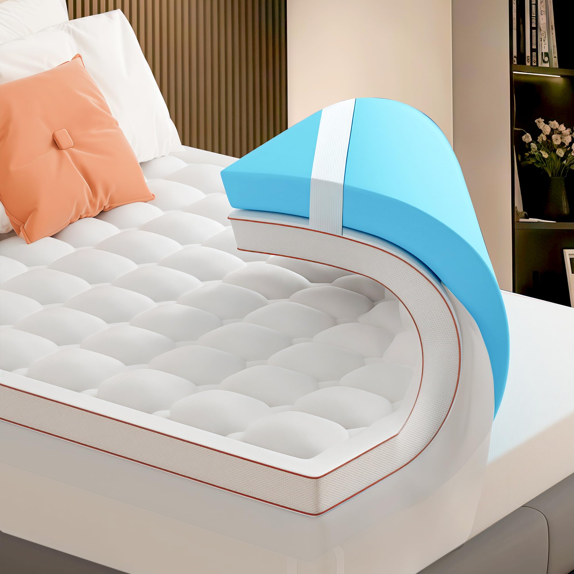 DWCN King Size 3 Inch Dual Layer Mattress Topper - 2 Gel Memory Foam 1 Cooling Pillow Pad