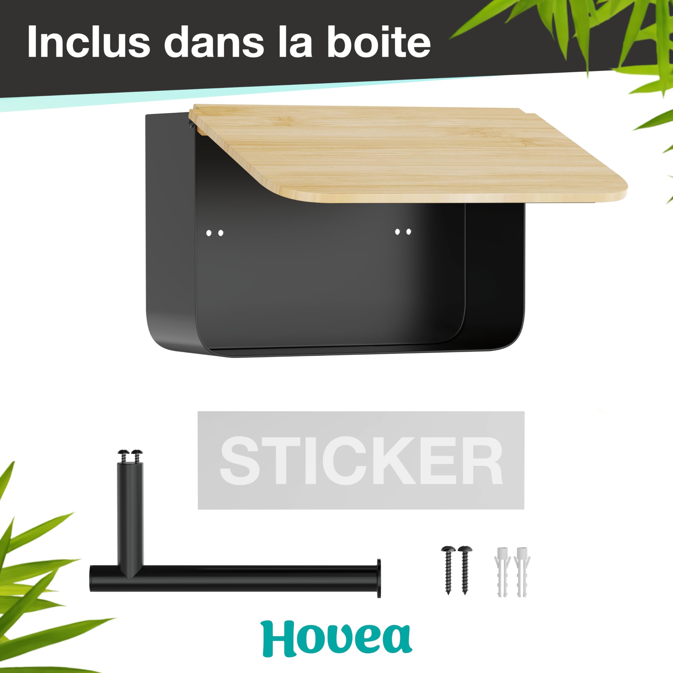 Porte Papier Toilette Mural 2-en-1 - avec ou sans Perçage - avec Rangement & Support Téléphone - en Métal – Distributeur Rouleau PQ Décoration - Noir & Bambou - PPT121
