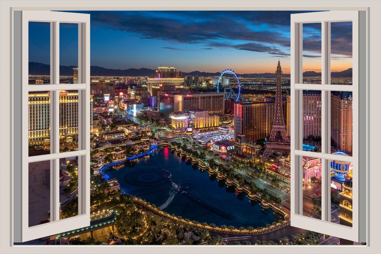 JVERF - JZZA11932 USA Houses Evening Las Vegas from Above| Self-Adhesive Open Window Wall Sticker