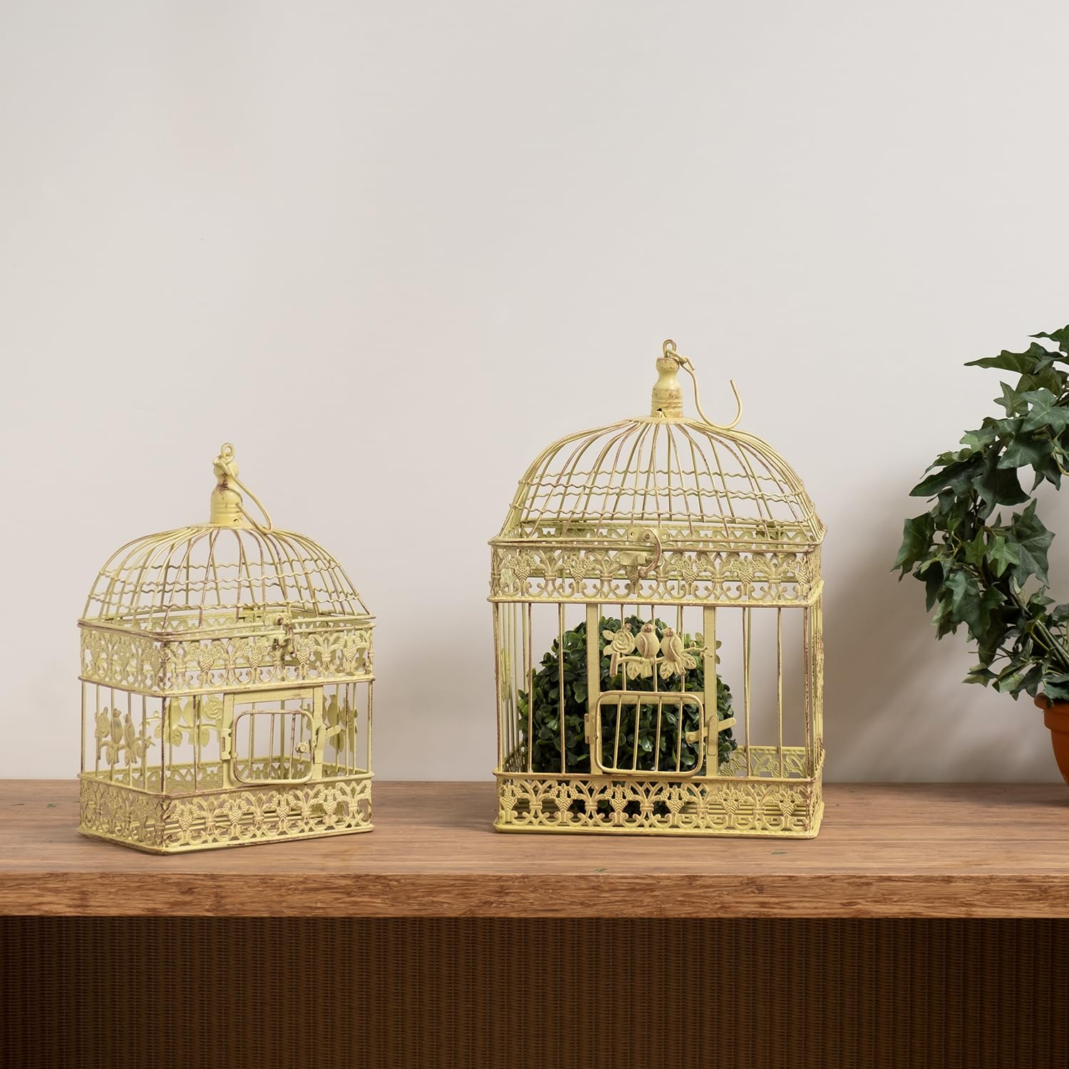 Cage à oiseaux décorative style colonial antique shabby rétro, style maison de campagne VK4RH-CR, Métal, Altgrün-gelbstich, Set M und L