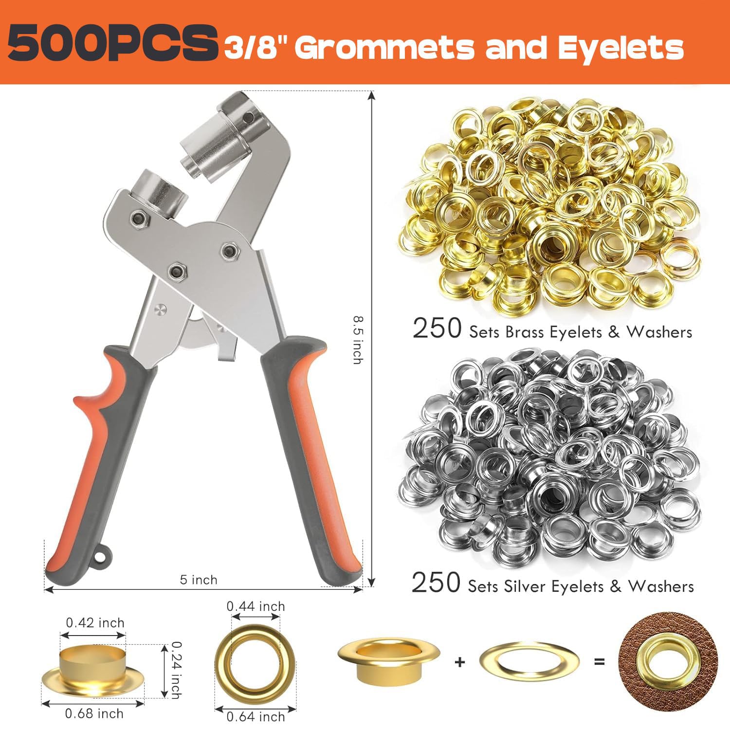 Set di pinze per occhielli professionali con 500 occhielli inossidabili (Ø 10 mm), pressa magnetica con occhielli in acciaio temprato, perfetta per pelle, cinture, Awnings, tessuti, occhielli