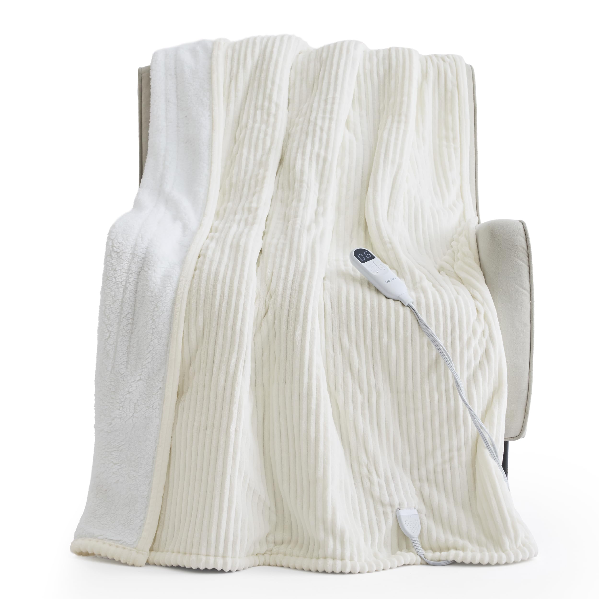 Bedsure Ribbed Heated Blanket Throw XL, Coconut White Electric Blanket